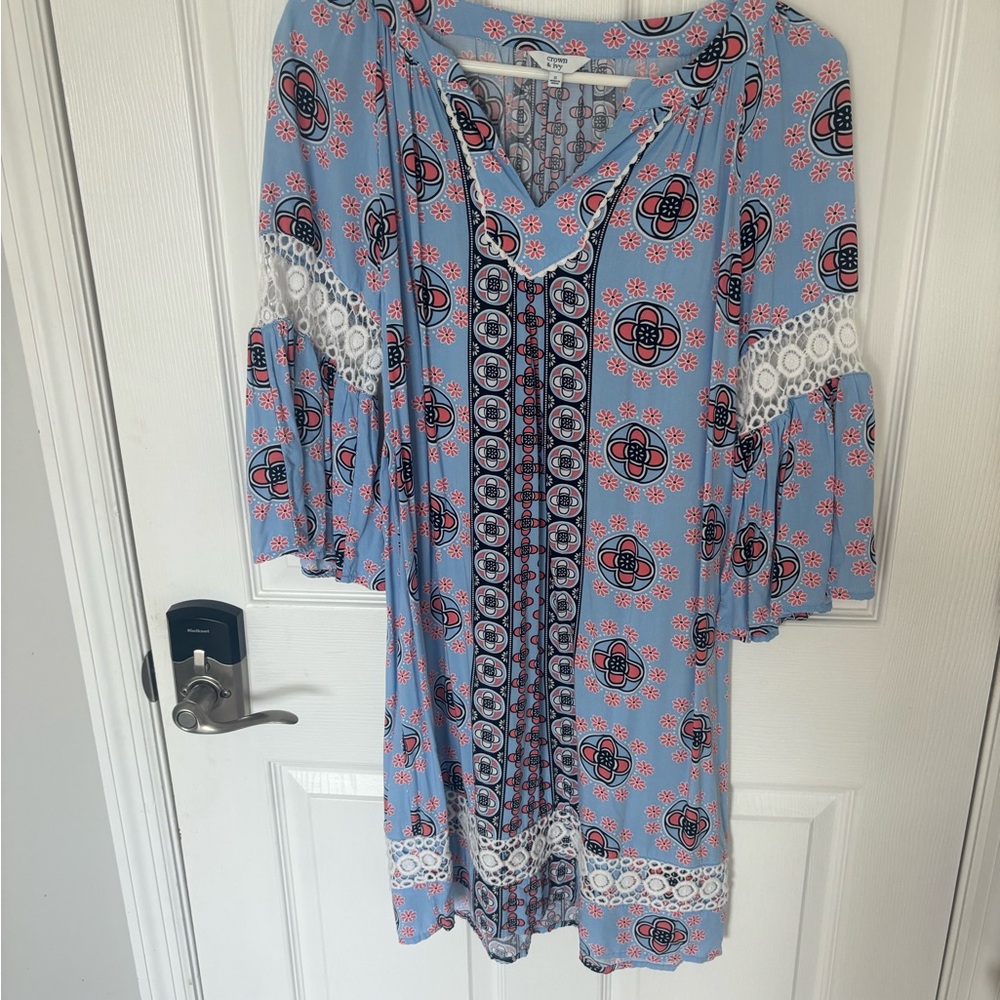 Crown & Ivy Blue and Purple Tie Front Sundress with 3/4 Bishop Sleeves